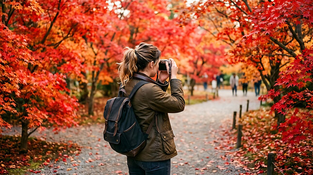 Woman with backpack photographs vibrant red and orange autumn foliage in a park during golden hour autumn fall atmosphere