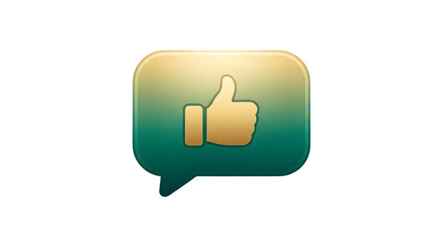 Golden thumbs-up icon inside a rounded speech bubble with a gradient background transitioning from green to yellow, symbolizing approval or positive feedback