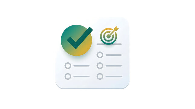 Flat design icon of a checklist with a green checkmark and a target with an arrow on a white document, symbolizing goals and task completion
