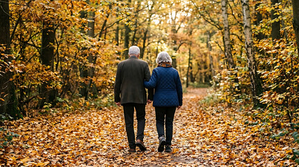 Fototapeta premium Elderly couple walking arm in arm on a leaf covered path in a vibrant golden autumn forest during golden hour autumn fall atmosphere