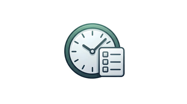 Flat design icon of a teal clock with white face and black hands partially overlapped by a white checklist with three empty checkboxes and lines on a light background