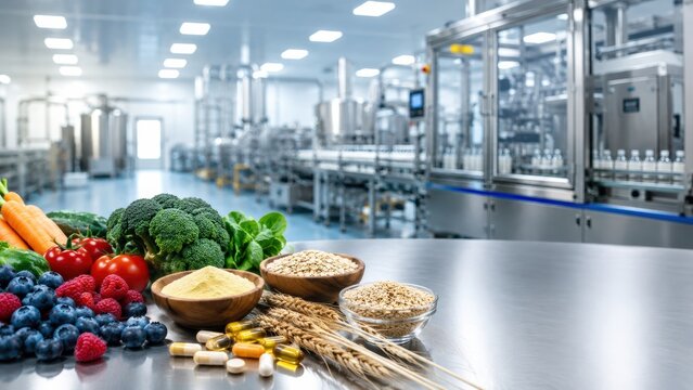 clean industrial facility with fresh fruits, vegetables, grains, and supplements displayed, highlighting food production and health.