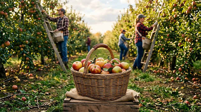 Autumn apple harvest in orchard with people picking fruit and basket full of ripe apples in golden hour sunlight autumn fall atmosphere