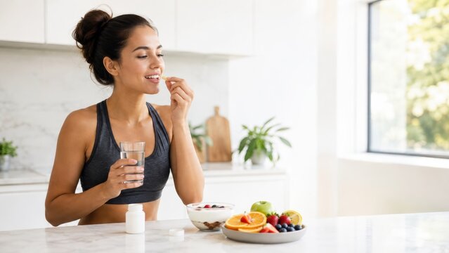 woman in workout attire takes a supplement pill with water while sitting at a kitchen counter with healthy breakfast foods.