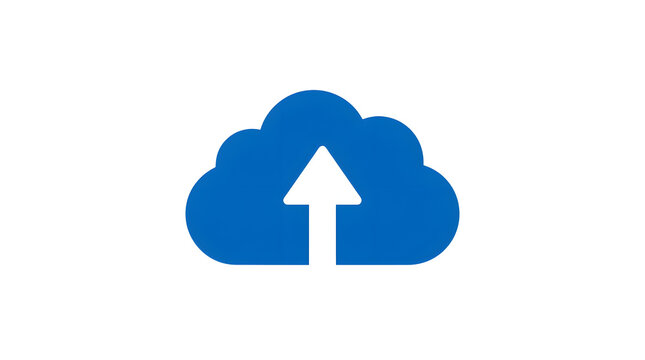 Blue cloud icon with a white upward arrow in the center, symbolizing file upload to cloud storage, flat design style on a white background