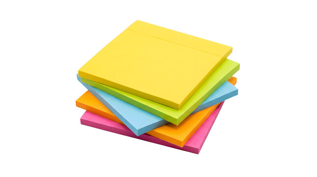Brightly colored square sticky notes stacked neatly with vibrant yellow, green, blue, orange, and pink pads visible against a plain white background