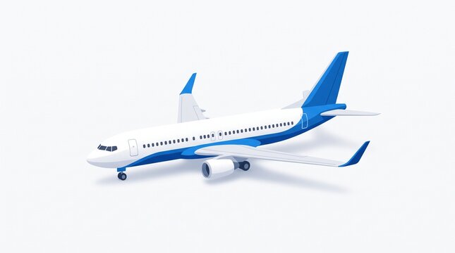 3D White and Blue Commercial Airplane Model Isolated on Plain White Background