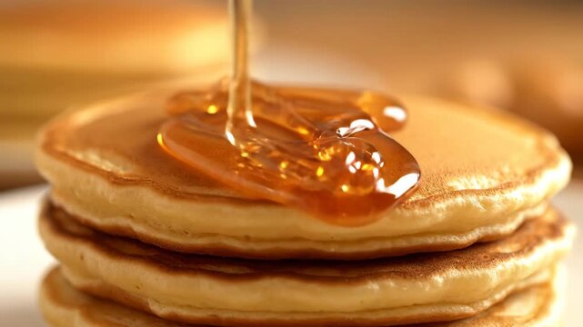 Close-up of golden brown pancakes stacked high while delicious amber syrup is drizzled on top featuring a sweet breakfast treat and morning indulgence