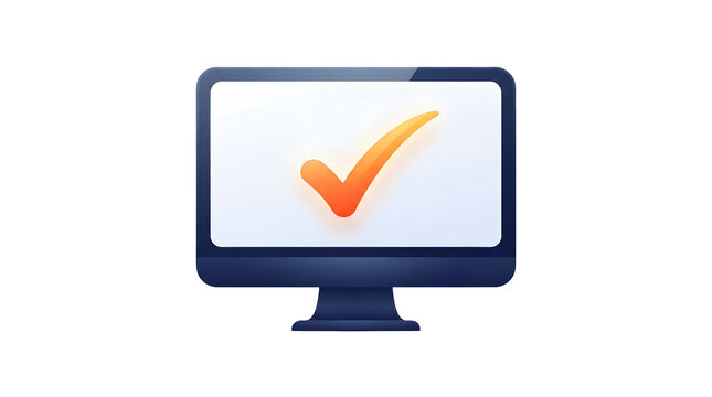 Modern computer monitor displaying a glowing orange checkmark symbol on a clean white screen background