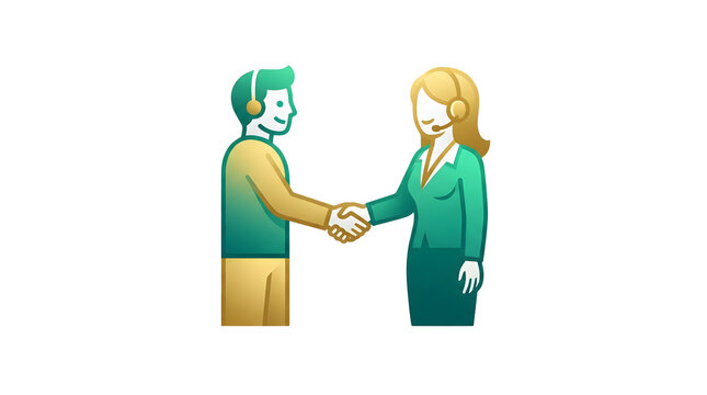 Two professionals in business attire with headsets shaking hands, symbolizing a partnership or agreement in a corporate or customer service setting