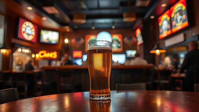 Sports bar interior with high-top table and blurred counter, single pint glass.