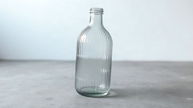 Clear ribbed glass carboy on concrete floor, minimalist container concept.