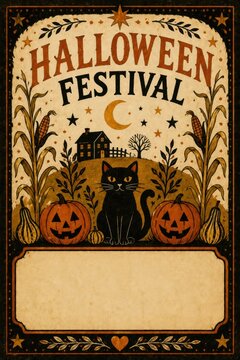 Halloween festival vintage poster with pumpkins and haunted house decorations
