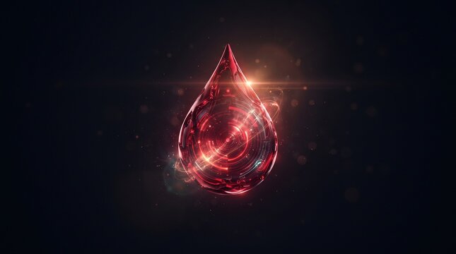 Glowing red liquid drop with lens flare on dark background