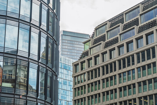 View of modern glass and steel office buildings near Liverpool Street in London, England, United Kingdom.