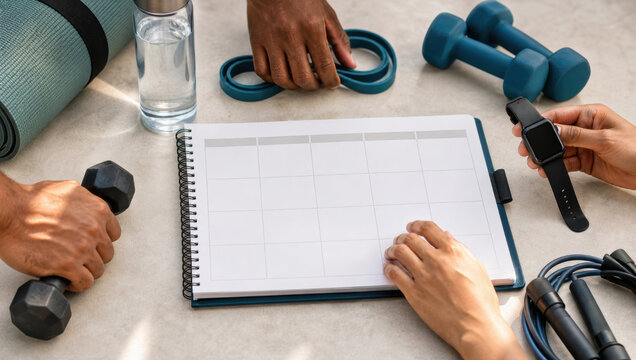 Fitness routine planner with blank calendar page surrounded by dumbbells, resistance bands, water bottle and smartwatch for workout organization