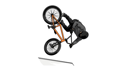 Obraz premium A BMX rider performing an aerial stunt on an orange bicycle against a white background.
