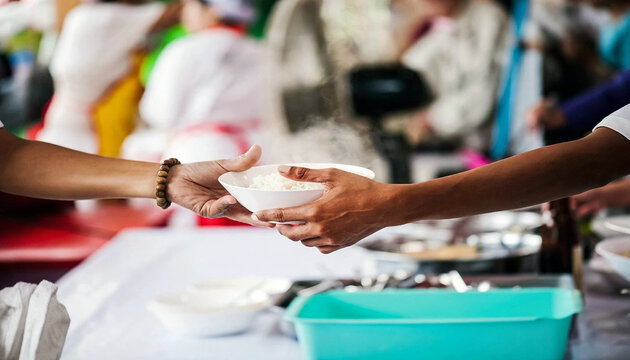 Hands Passing Warm Meal Container to Needy Individual at Community Charity Event, Conceptual Metaphor for Welfare Support, Philanthropy Service, Disaster Relief and Human Kindness.
