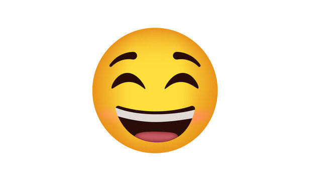 Yellow laughing emoji face with big open smile and happy eyes isolated on transparent background