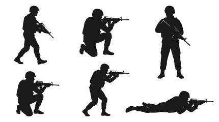Obraz premium Military soldier silhouettes set with rifles in various tactical combat action poses