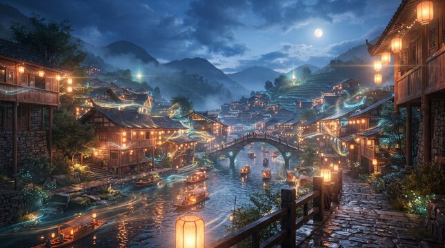 Ancient Asian village at night with glowing lanterns, stone bridge, and river, ideal for travel websites, cultural posters, book covers, and fantasy art projects.