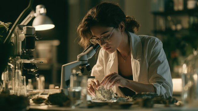 Female botanist wearing glasses and a lab coat examines plant specimens using a microscope in a warm botanical laboratory.