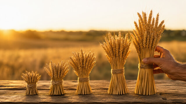 Wheat bundle harvest growth agriculture rural golden field sunlight hand wooden table Wheat bundle growth stages wooden table golden sunlight