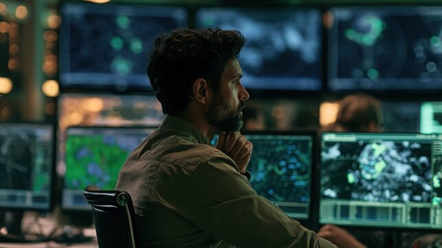 Technician analyzes complex data feeds on several monitors inside a modern security operations center.
