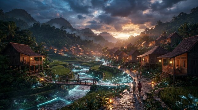 Scenic mountain village with wooden houses, a river, and a sunset sky, perfect for travel blogs, eco-tourism promotion, website backgrounds, and nature concept designs.