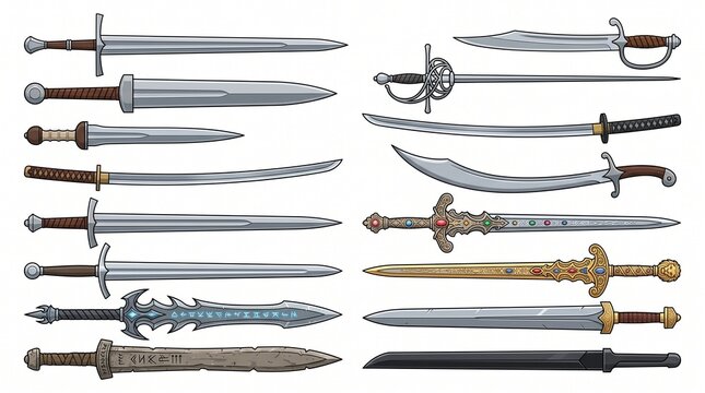 Sword Vector Collection, Medieval Sword, Katana, Rapier, Saber and Fantasy Blade Weapon Illustration Set