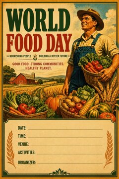 Vintage World Food Day poster with farmer holding fresh vegetables and harvest basket