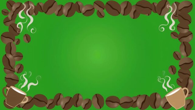 Coffee beans frame on green background, animated vector illustration with coffee cups and rising steam, seamless loop graphic background with copy space