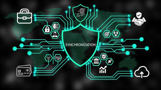 Cyber Security synchronization Shield HUD Animation with Connected Business and Technology Icons Abstract Background