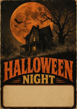 Vintage Halloween night banner with haunted house and full moon
