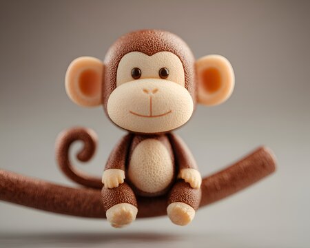 Cute 3D render of a small brown monkey character sitting on a branch, front view