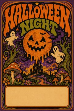 Halloween night poster with jackolantern bats and spooky autumn decorations