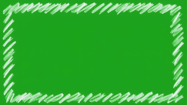Chalkboard hand drawn white frame on green background, scribbled rectangle border element animation, school education chalkboard style graphic, stop motion design