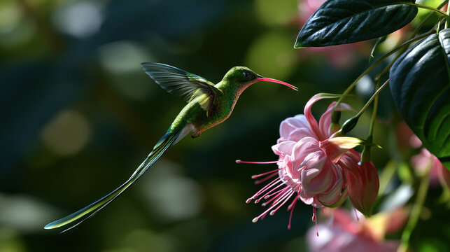 red billed streamertail hummingbird flying between flowers