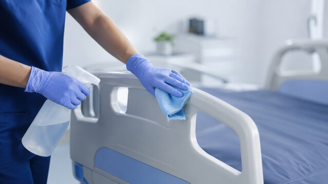 Healthcare worker cleaning hospital facility bed for sanitation and safety, maintaining hygiene standards in medical environment