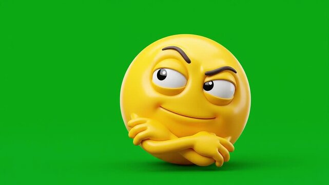 3D Smirking Yellow Emoji Character Crossing Arms on Green Screen Background.