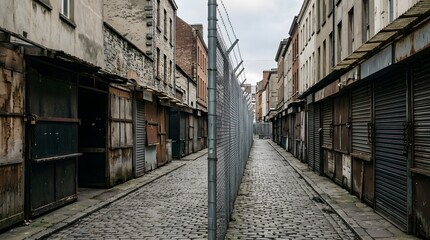 Fototapeta premium Gritty urban alleyway with closed shop shutters and chain fence