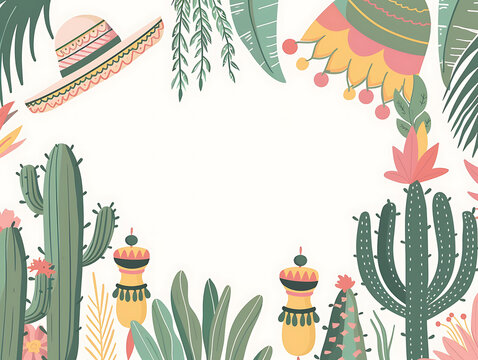 Tropical Mexican plant and cactus vector illustration frame with open center copy space for summer fiesta product packaging and holiday promo posters
