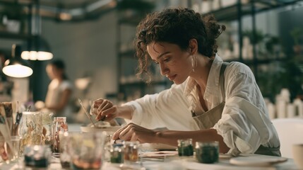Fototapeta premium Woman with curly hair carefully blends herbal extracts into small glass jars in a workshop.