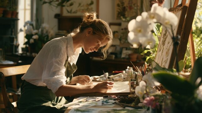 Young female painter wearing an apron sketches on paper at an easel table surrounded by orchids.