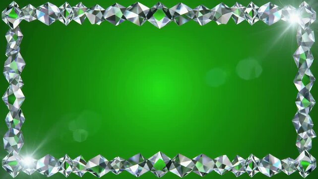 Glowing diamond border on green background, shining crystal frame with light flare, green screen template with sparkly gemstones, loopable video background