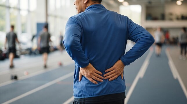 Runner's Discomfort: A male runner in a blue jacket experiences lower back pain, clutching his aching region while others train in the background of an indoor track facility.