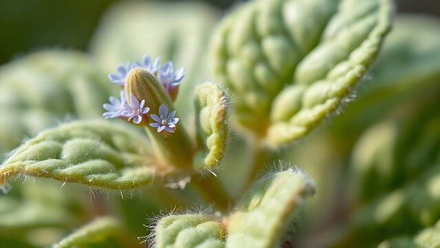 Macro of patchouli plant with fuzzy leaves and purple flowers.