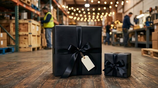 Two black gift boxes with black ribbons in a warehouse setting