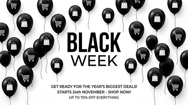 Black week sale background with black balloons and shopping icons