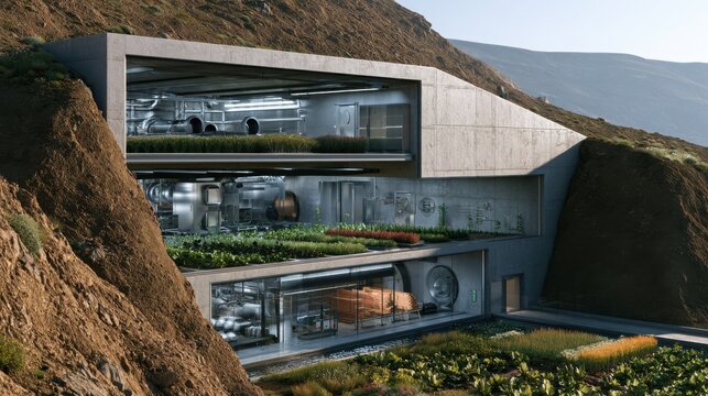 Underground hydroponic facility built into a cliff face showcases indoor crop farming and modern research spaces.